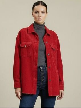 Zara Oversized Corduroy Jacket Sz M Cherry Red Frayed Hem Coastal Cowgirl